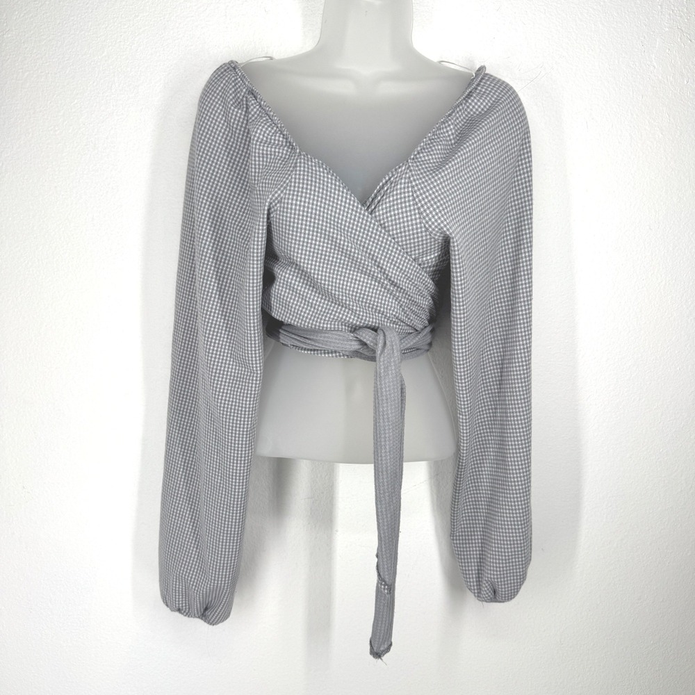 Zara Grey Gingham Wrap Crop Top Balloon Long Sleeve Size L Cottagecore Renfaire